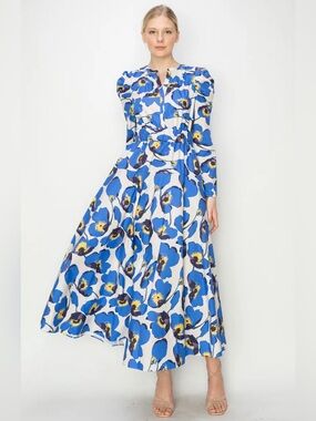 MELLODAY nordstrol Blue White Floral Maxi Dress with Yellow Accents